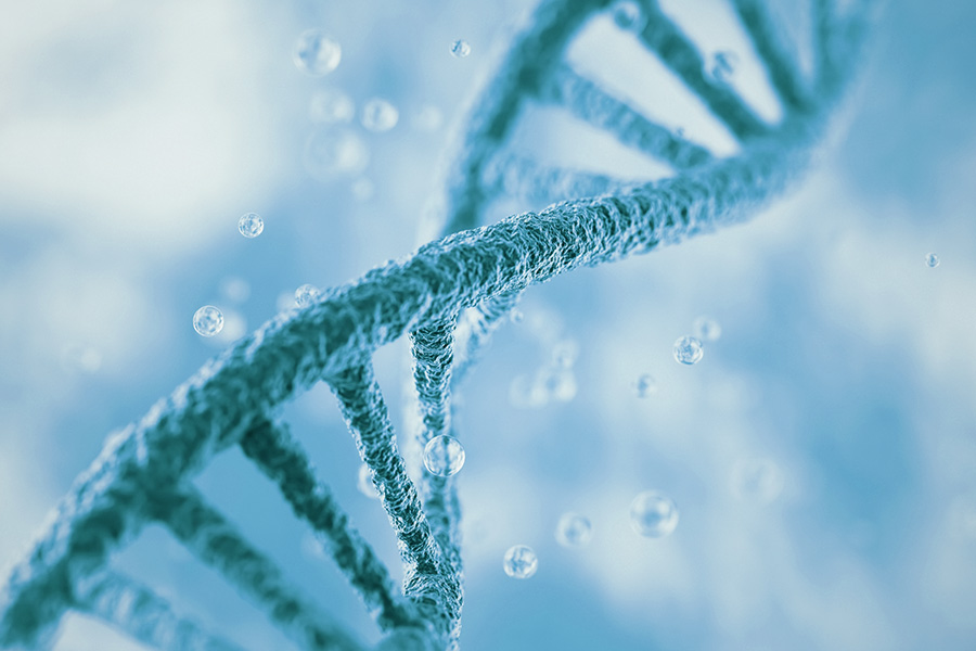 3d rendering DNA and flying molecule cells on microscope background, Depth Of Field.