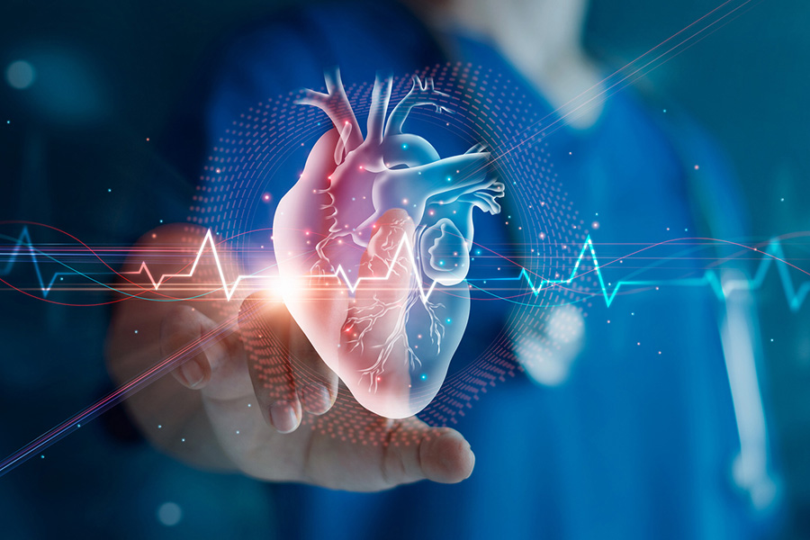 Techy photo of a hand holding a digital heart illustration